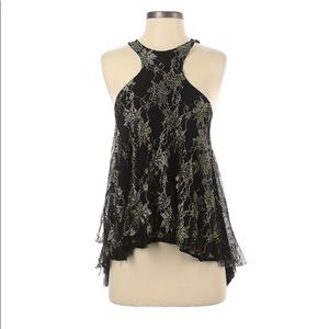 Free People Black and Gold Hi Low Tulle Lined Tank Top w Back Cut Outs